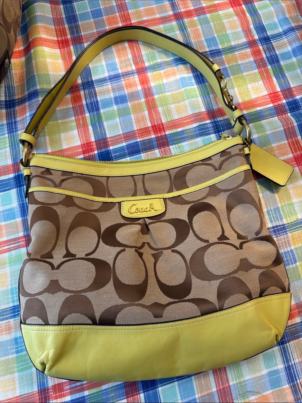 Coach Brown Signature Park Hobo with Yellow Trim